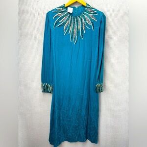 Vtg Francesca Of Damon 100% Silk Blue Intricate Beaded Long Dress Sz 10 Elegant